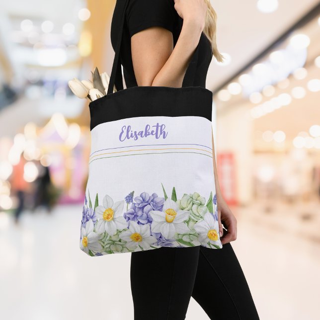 Bolso De Tela Floral de acuarela personalizada - Nombre personal (Personalized Watercolor Floral Tote Bag - Custom Name, Spring Style)