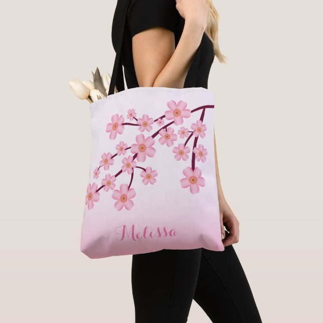Bolso De Tela Floral de cerezo rosa Sakura con nombre (Detalle)