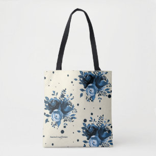 Bolso De Tela Floral de color de agua azul con puntos y añadir n