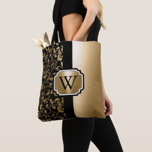 Bolso De Tela Floral de cosecha negra y dorada