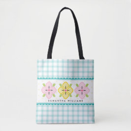 Bolso De Tela Floral de Gingham Monograma de Aqua