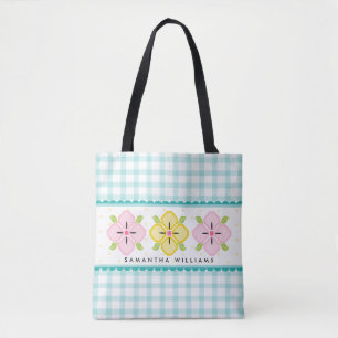 Bolso De Tela Floral de Gingham Monograma de Aqua