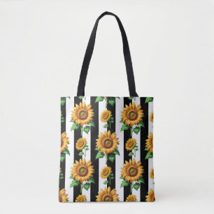 Bolso De Tela Floral de girasol franjas blancas negras