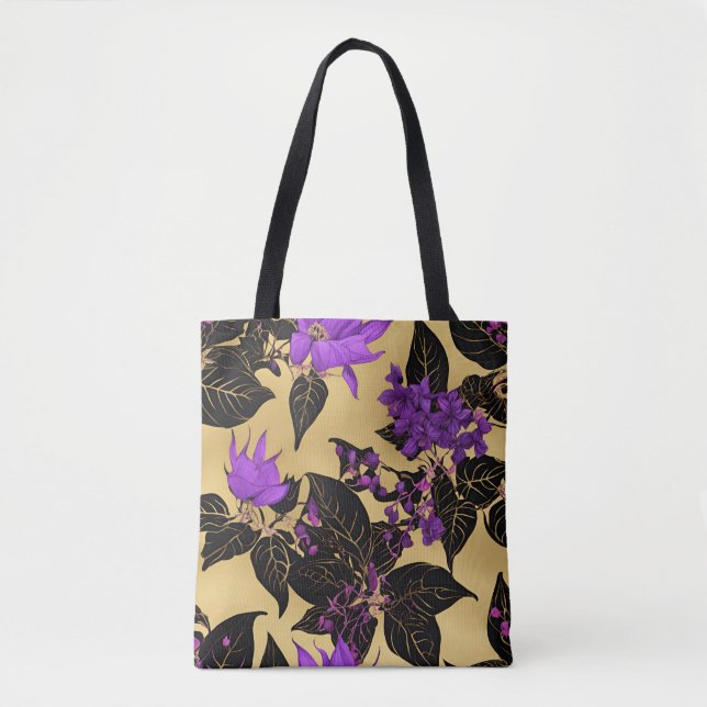 Bolso De Tela Floral de Lilac con hojas negras (Anverso)