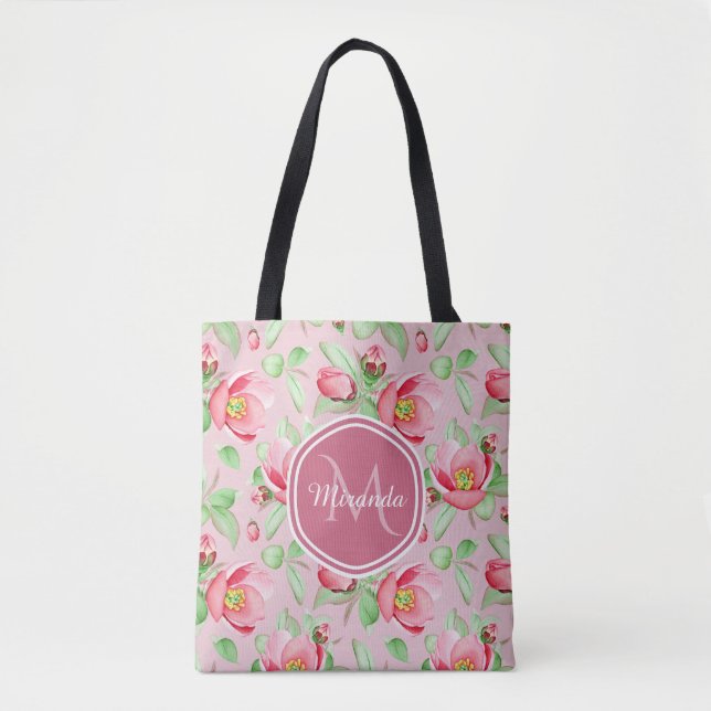 Bolso De Tela Floral de manzana rosa dulce con monograma (Anverso)
