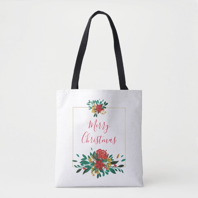 Bolso De Tela Floral de Navidades de oro y verde rojo moderno (Anverso)