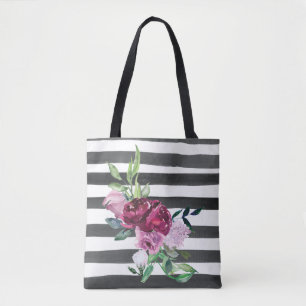 Bolso De Tela Floral de rayas blancas y negras