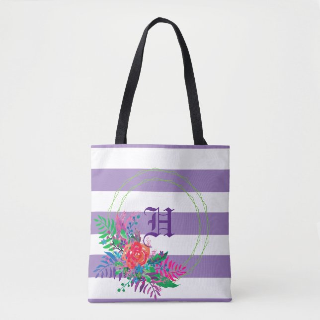 Bolso De Tela floral de rayas moradas personalizada (Anverso)
