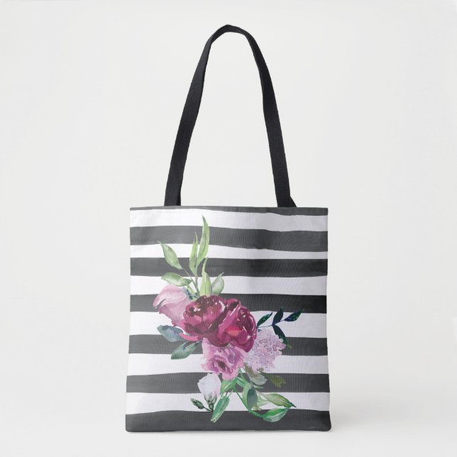 Bolso De Tela Floral de rayas negras y blancas (Anverso)