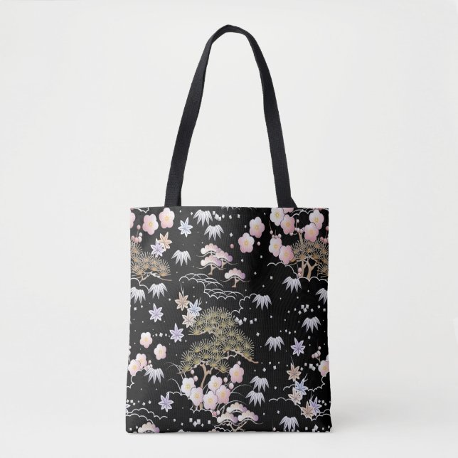 Bolso De Tela Floral elegante de cerezo rosa negro (Anverso)