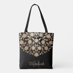 Bolso De Tela Floral elegante de color negro y oro