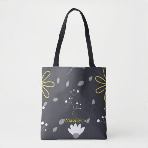 Bolso De Tela Floral floral moderna personalizada en negro y ama