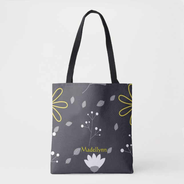 Bolso De Tela Floral floral moderna personalizada en negro y ama (Anverso)