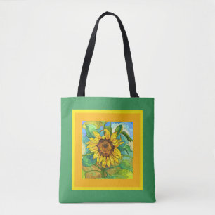 Bolso De Tela Floral, girasol jumbo sobre amarillo/verde