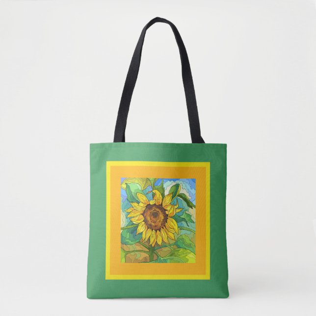 Bolso De Tela Floral, girasol jumbo sobre amarillo/verde (Anverso)
