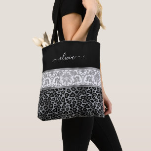 Bolso De Tela Floral Gris y Patrón de Leopardo