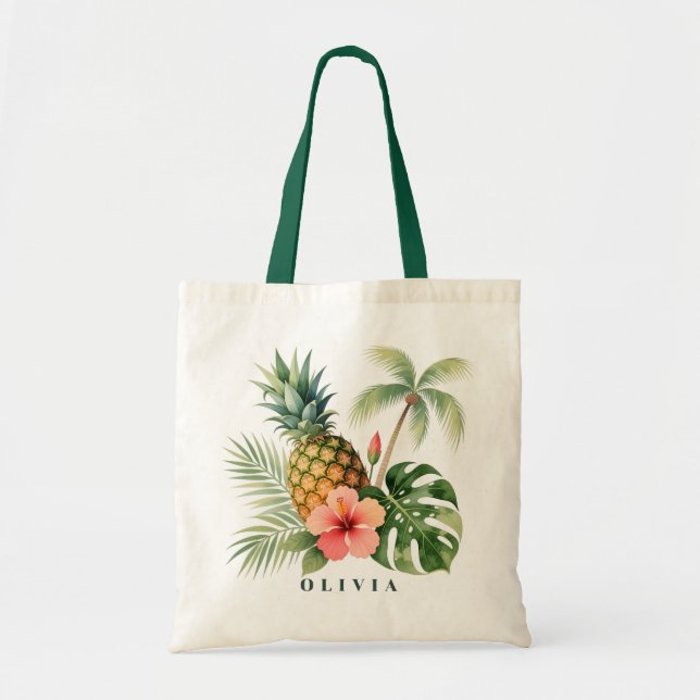 Bolso De Tela Floral Hawaii Pineapple & Hibiscus Summer Name (Frente)