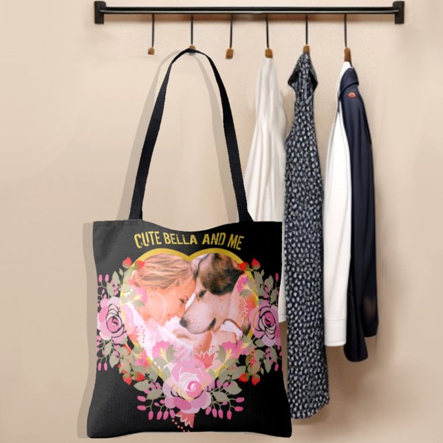 Bolso De Tela Floral Heart photo Apreciados Recuerdos (Personalized floral heart shaped photo and custom test tote bag.)