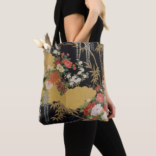 Bolso De Tela Floral japonesa de kimono de oro y negro oriental