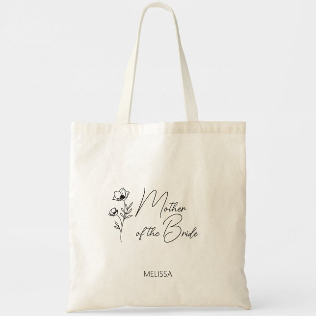 Bolso De Tela Floral madre personalizada del novio de la novia (Mother of the Bride Tote Bag, Wildflower Floral Simple Modern Script, Wedding Party Gifts)