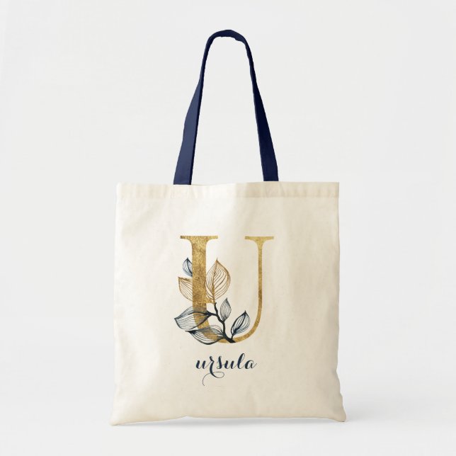Bolso De Tela Floral Marina Azul Hoja de Oro Carta Personalizada (Frente)