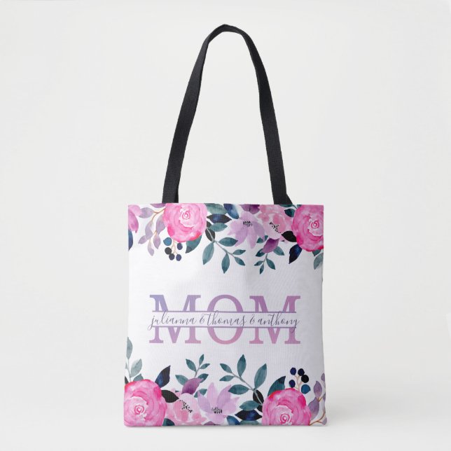 Bolso De Tela Floral Mom divide Monograma con nombres de niños (Anverso)