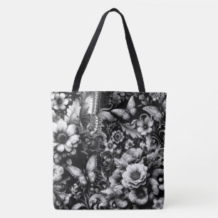 Bolso De Tela Floral monocromática antigua con mariposas
