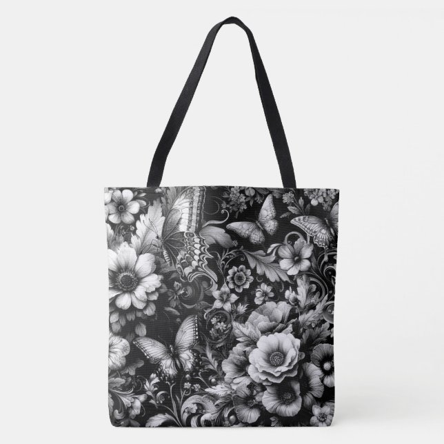 Bolso De Tela Floral monocromática antigua con mariposas (Anverso)