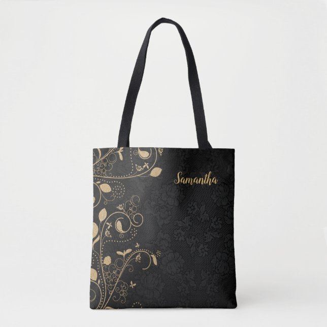 Bolso De Tela Floral negra dorada elegante personalizada (Anverso)
