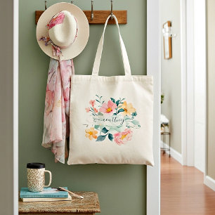 Bolso De Tela Floral personalizada con acuarela rosa y naranja t