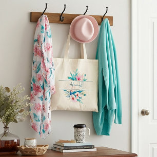 Bolso De Tela Floral personalizado de acuarela rosa y azul