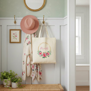 Bolso De Tela Floral personalizado rosa y dorado