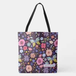 Bolso De Tela Floral & Plum Name Tote Bag