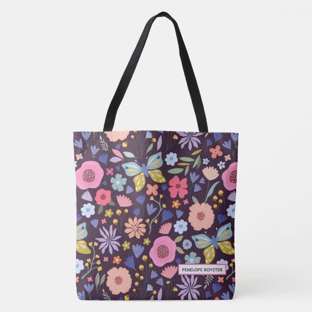 Bolso De Tela Floral & Plum Name Tote Bag (Anverso)