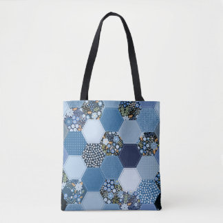 Bolso De Tela Floral, retazos denim: patrón azul.