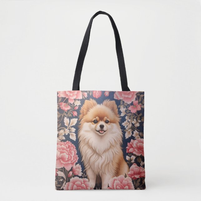 Bolso De Tela Floral rosa de perro de Pomerania (Anverso)