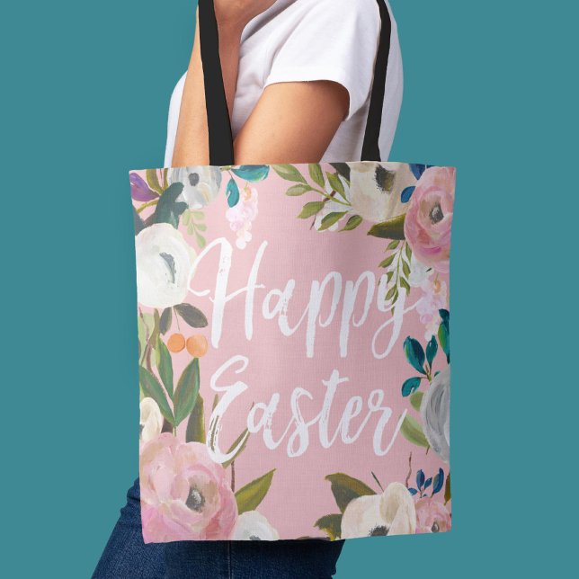 Bolso De Tela Floral Rosa Feliz Pascua | Caza de huevos de Pascu (Subido por el creador)
