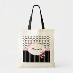 Bolso De Tela Floral rosado elegante del damasco blanco y negro