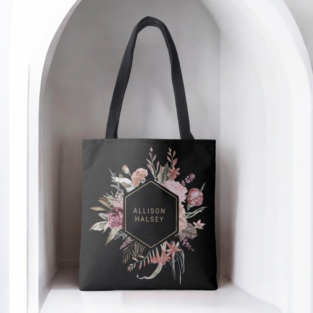 Bolso De Tela Floral rústica elegante de Boho con marco geométri (Personalize with your name.)