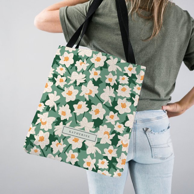 Bolso De Tela Floral Spring Daffodil Blooms | Monogramado verde (Subido por el creador)