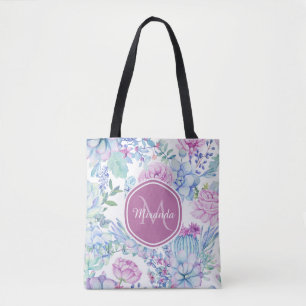 Bolso De Tela Floral suculento púrpura y azul elegante con
