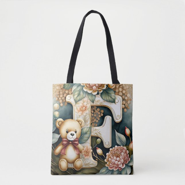 Bolso De Tela FLoral Teddy Bear letter F (Anverso)