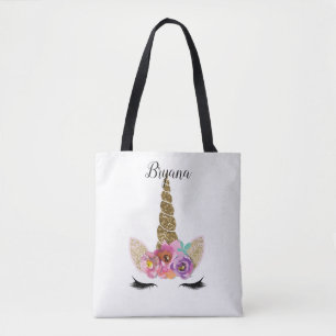 Bolso De Tela Floral Unicornio Purpurina de Oro Girly Chicas Esp