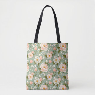 Bolso De Tela Floral verde y melocotón en acuarela