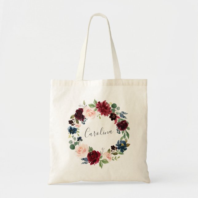 Bolso De Tela Floral Wreath Borgoña y azul marino (Frente)