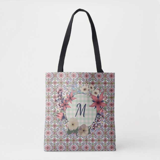Bolso De Tela Floral Wreath | Patrón floral | Monograma (Anverso)