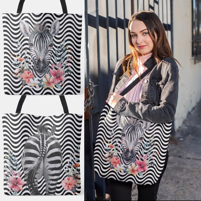 Bolso De Tela Floral Zebra Face Butt Black White Wavpes (Floral Zebra Face Butt Black White Wavy Stripes Tote Bag Front and Back, large bag, shopping bag,)