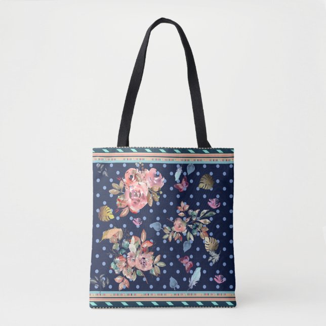 Bolso De Tela Florales, puntos de polka, acuarela, fondo naval (Anverso)