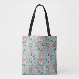 Bolso De Tela Florales y pájaros caprichosos - Turquesa