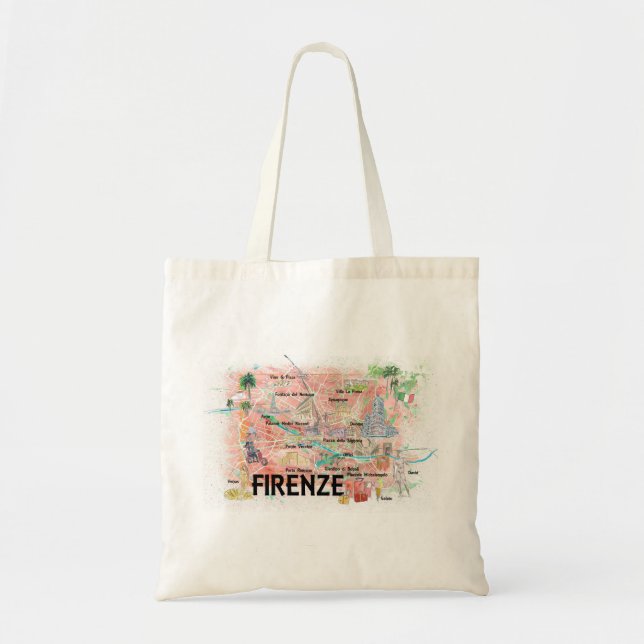 Bolso De Tela Florencia Italia Mapa ilustrado con monumentos (Frente)